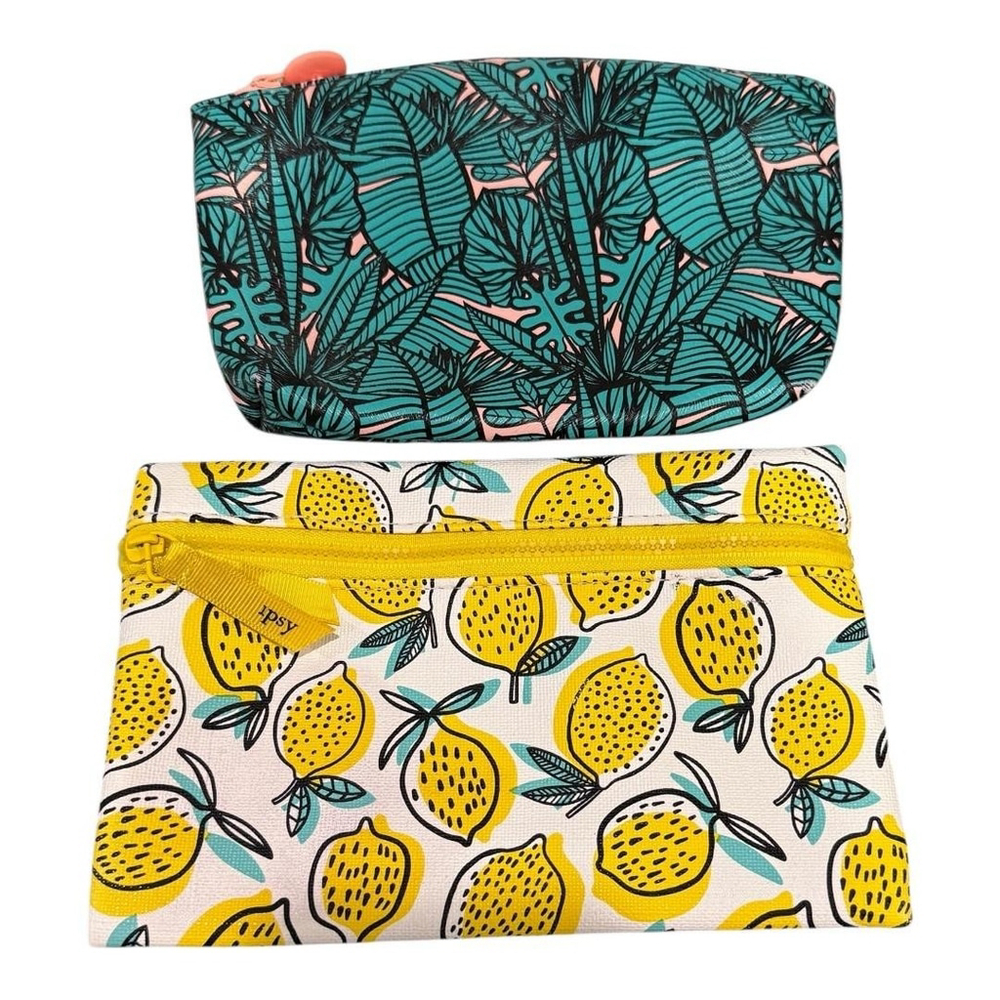Ipsy Makeup Cosmetic Bags Set Lemons Tropical Leaves Zipper Pouch Travel Organiz